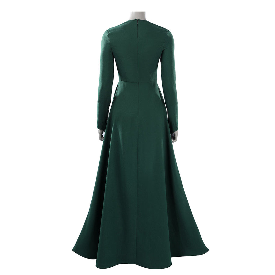 Latverian Witch cosplay costume centers a long dark green dress with fitted sleeves and a flowing length skirt.
