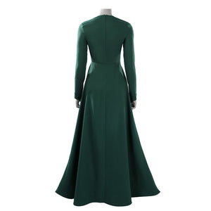 Latverian Witch cosplay costume centers a long dark green dress with fitted sleeves and a flowing length skirt.