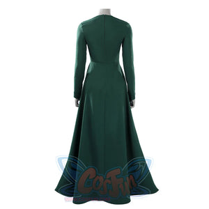 Latverian Witch cosplay costume centers a long dark green dress with fitted sleeves and a flowing length skirt.