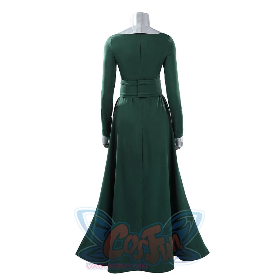 Latverian Witch cosplay costume frames the back of the fitted green dress with an integrated waist cincher and collar.