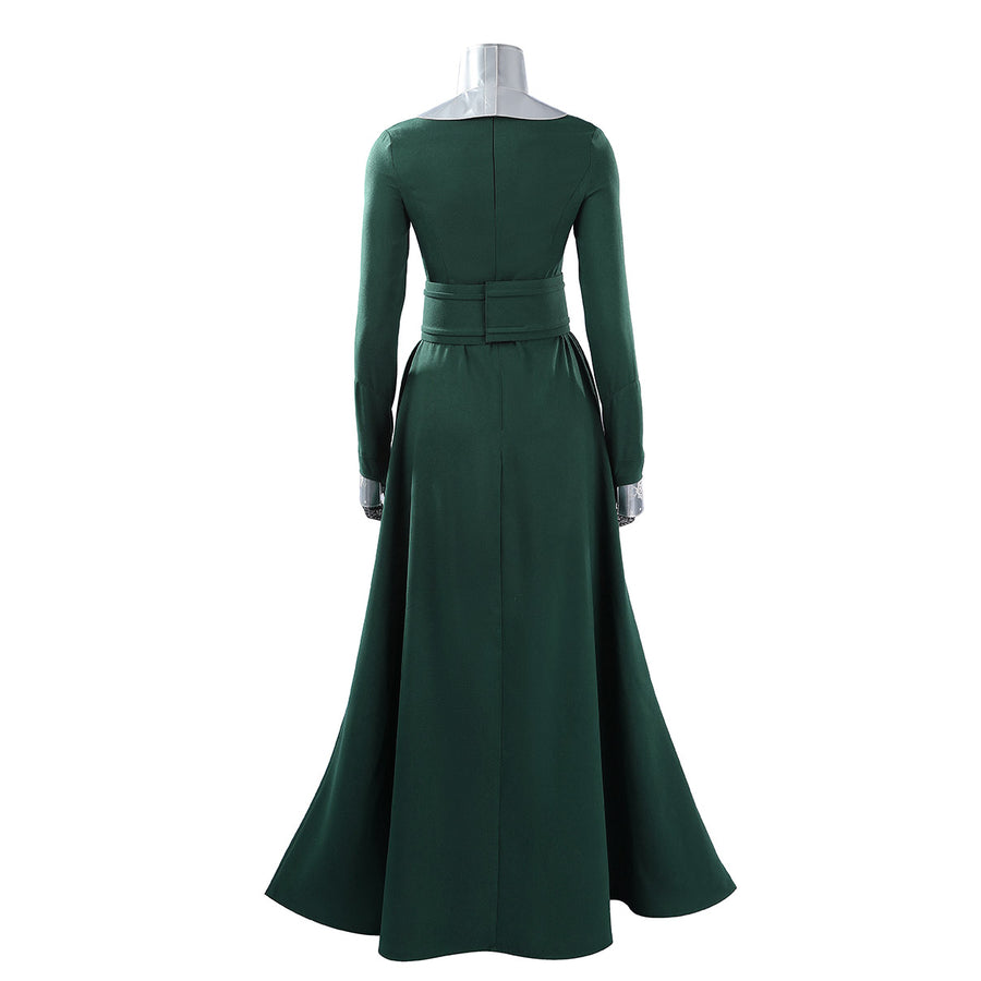 Latverian Witch cosplay costume frames the back of the fitted green dress with an integrated waist cincher and collar.