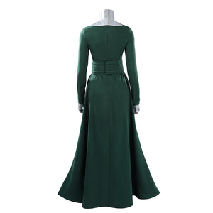 Latverian Witch cosplay costume frames the back of the fitted green dress with an integrated waist cincher and collar.