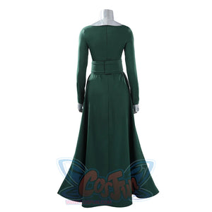Latverian Witch cosplay costume frames the back of the fitted green dress with an integrated waist cincher and collar.