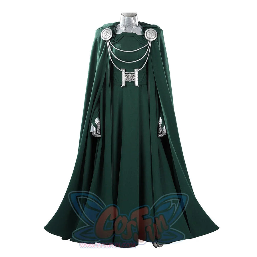 Latverian Witch cosplay costume layers a flowing green cloak over a fitted dress and detailed silver-tone collar accessories.