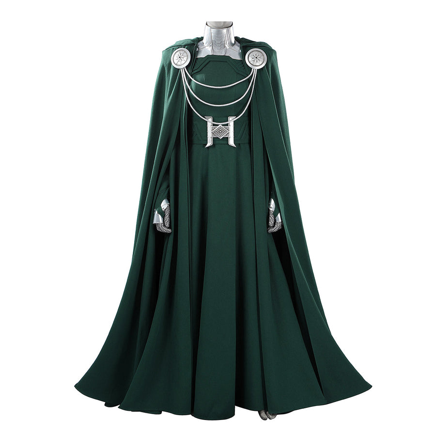 Latverian Witch cosplay costume layers a flowing green cloak over a fitted dress and detailed silver-tone collar accessories.