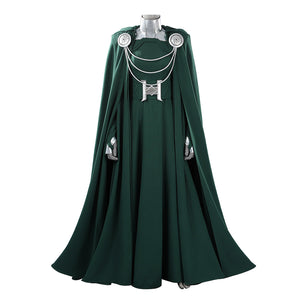 Latverian Witch cosplay costume layers a flowing green cloak over a fitted dress and detailed silver-tone collar accessories.
