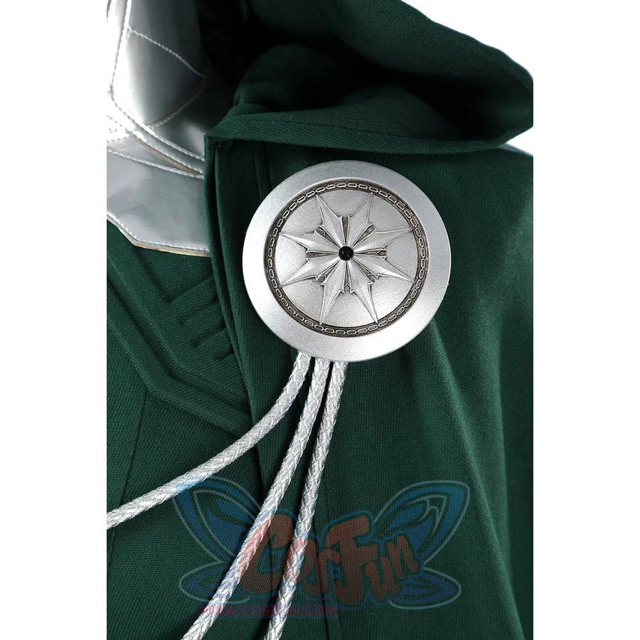 Latverian Witch cosplay costume centers green cloak with silver-tone brooch and metallic cords.