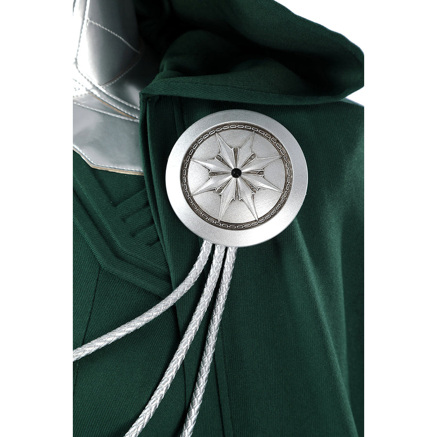 Latverian Witch cosplay costume centers green cloak with silver-tone brooch and metallic cords.