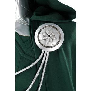 Latverian Witch cosplay costume centers green cloak with silver-tone brooch and metallic cords.