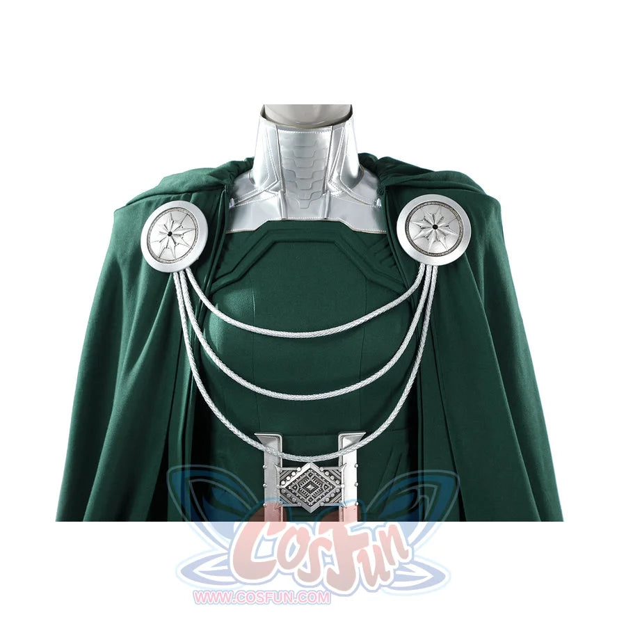 Latverian Witch cosplay costume layers textured green fabric with silver-tone collar accents and draped chain decorations.