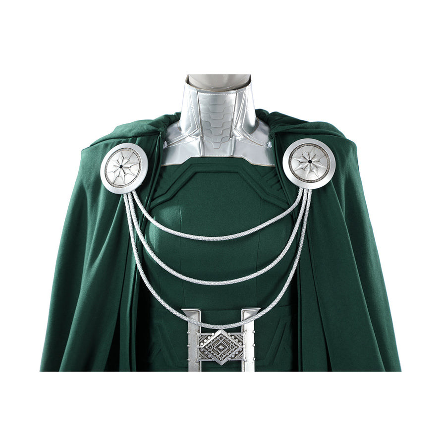 Latverian Witch cosplay costume layers textured green fabric with silver-tone collar accents and draped chain decorations.