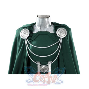 Latverian Witch cosplay costume layers textured green fabric with silver-tone collar accents and draped chain decorations.
