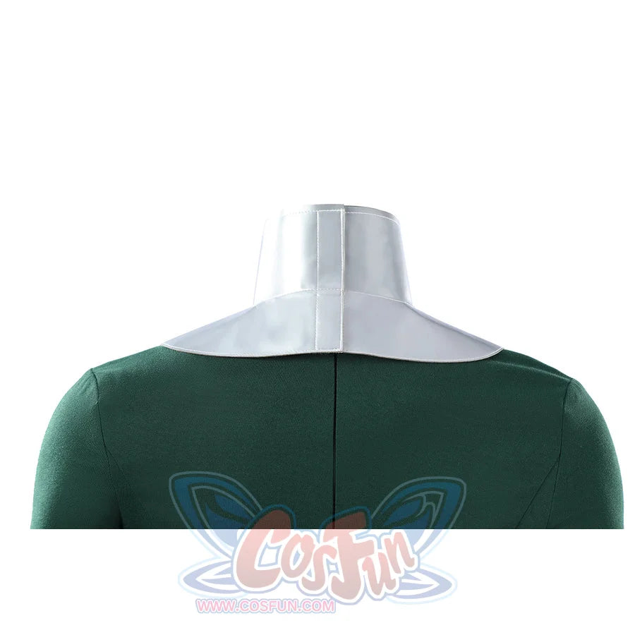 Latverian Witch cosplay costume frames the back neck area with a sleek metallic collar over the dark green dress fabric.