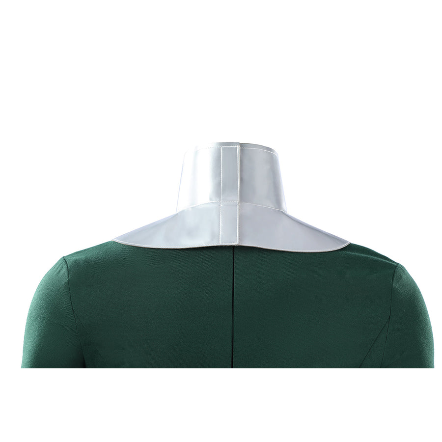 Latverian Witch cosplay costume frames the back neck area with a sleek metallic collar over the dark green dress fabric.