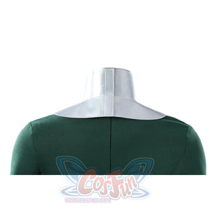 Latverian Witch cosplay costume frames the back neck area with a sleek metallic collar over the dark green dress fabric.