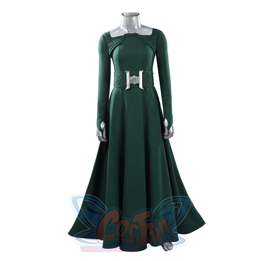 Latverian Witch cosplay costume centers green dress with long sleeves metallic silver-tone collar waist cincher.