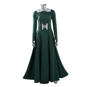 Latverian Witch cosplay costume centers green dress with long sleeves metallic silver-tone collar waist cincher.