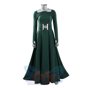 Latverian Witch cosplay costume centers green dress with long sleeves metallic silver-tone collar waist cincher.