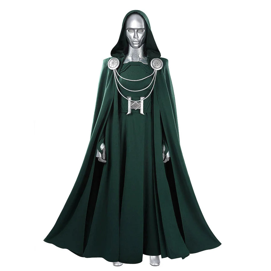 COSFUN Latverian Witch cosplay costume layers a green hooded cloak over a textured dress with metallic silver-tone accents.