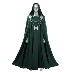 COSFUN Latverian Witch cosplay costume layers a green hooded cloak over a textured dress with metallic silver-tone accents.