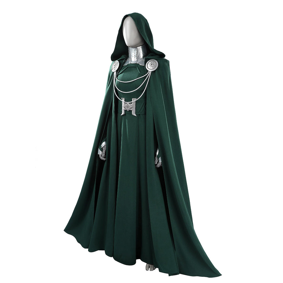 Latverian Witch cosplay costume centers green cloak with silver-tone chain metallic collar and detailed waist cincher.