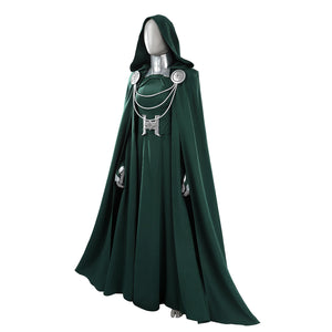 Latverian Witch cosplay costume centers green cloak with silver-tone chain metallic collar and detailed waist cincher.