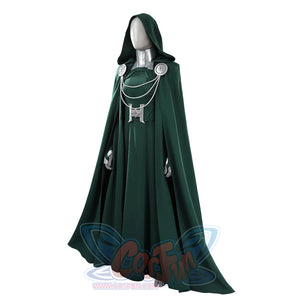 Latverian Witch cosplay costume centers green cloak with silver-tone chain metallic collar and detailed waist cincher.