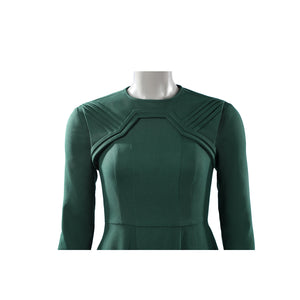 Latverian Witch cosplay costume frames the torso with detailed stitched panels and layered bodice texture in dark green.