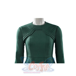 Latverian Witch cosplay costume frames the torso with detailed stitched panels and layered bodice texture in dark green.