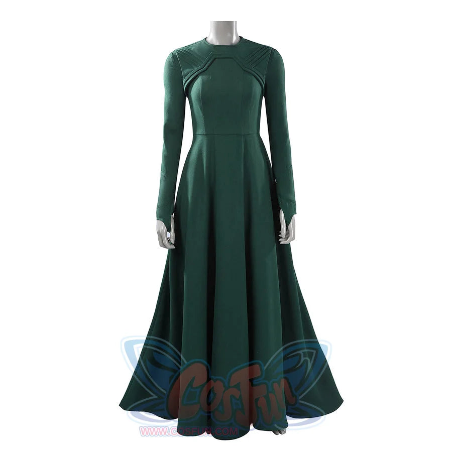 Latverian Witch cosplay costume layers long sleeves and a flared skirt with textured bodice pleats in a deep green fabric.
