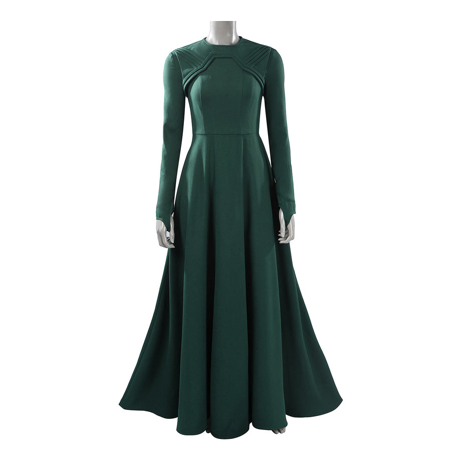 Latverian Witch cosplay costume layers long sleeves and a flared skirt with textured bodice pleats in a deep green fabric.