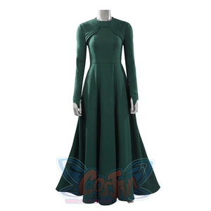 Latverian Witch cosplay costume layers long sleeves and a flared skirt with textured bodice pleats in a deep green fabric.