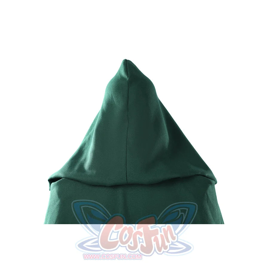 Latverian Witch cosplay costume frames a peaked green hood draped over the shoulders with rich brushed twill fabric.