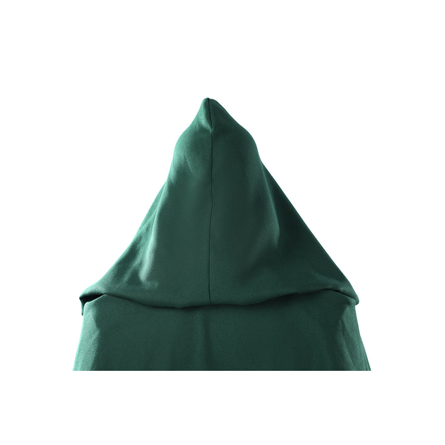 Latverian Witch cosplay costume frames a peaked green hood draped over the shoulders with rich brushed twill fabric.