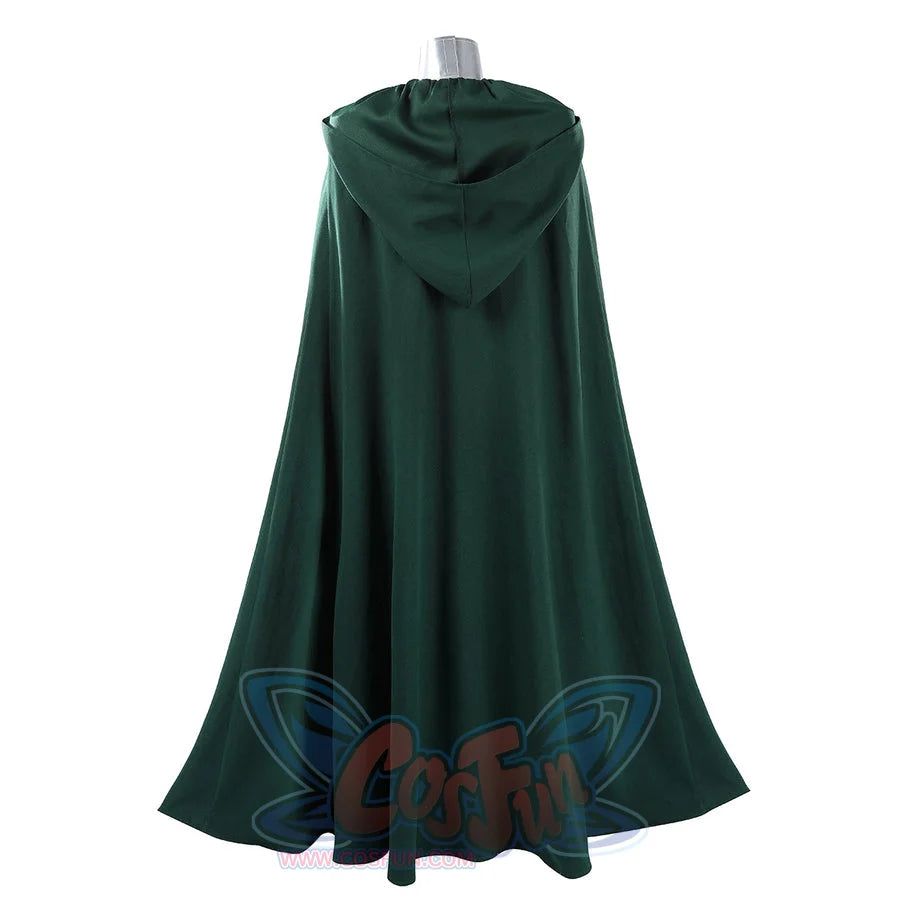 Latverian Witch cosplay costume frames the back silhouette with a deep green length hooded brushed twill cloak.