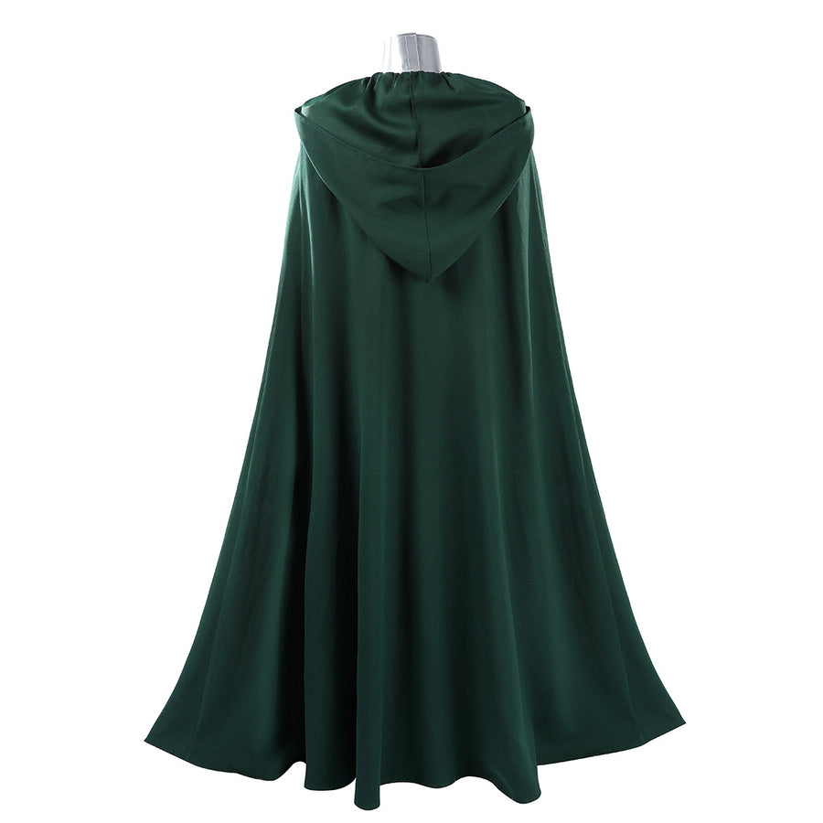 Latverian Witch cosplay costume frames the back silhouette with a deep green length hooded brushed twill cloak.