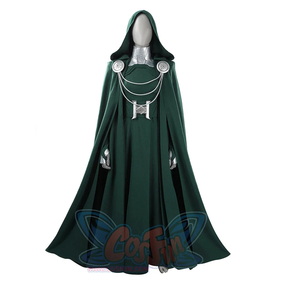 Latverian Witch cosplay costume layers a green hooded cloak over a matching dress with silver-tone collar and waist cincher.