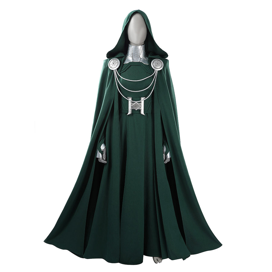 COSFUN Latverian Witch cosplay costume layers a green hooded cloak over a textured dress with metallic silver-tone accents.