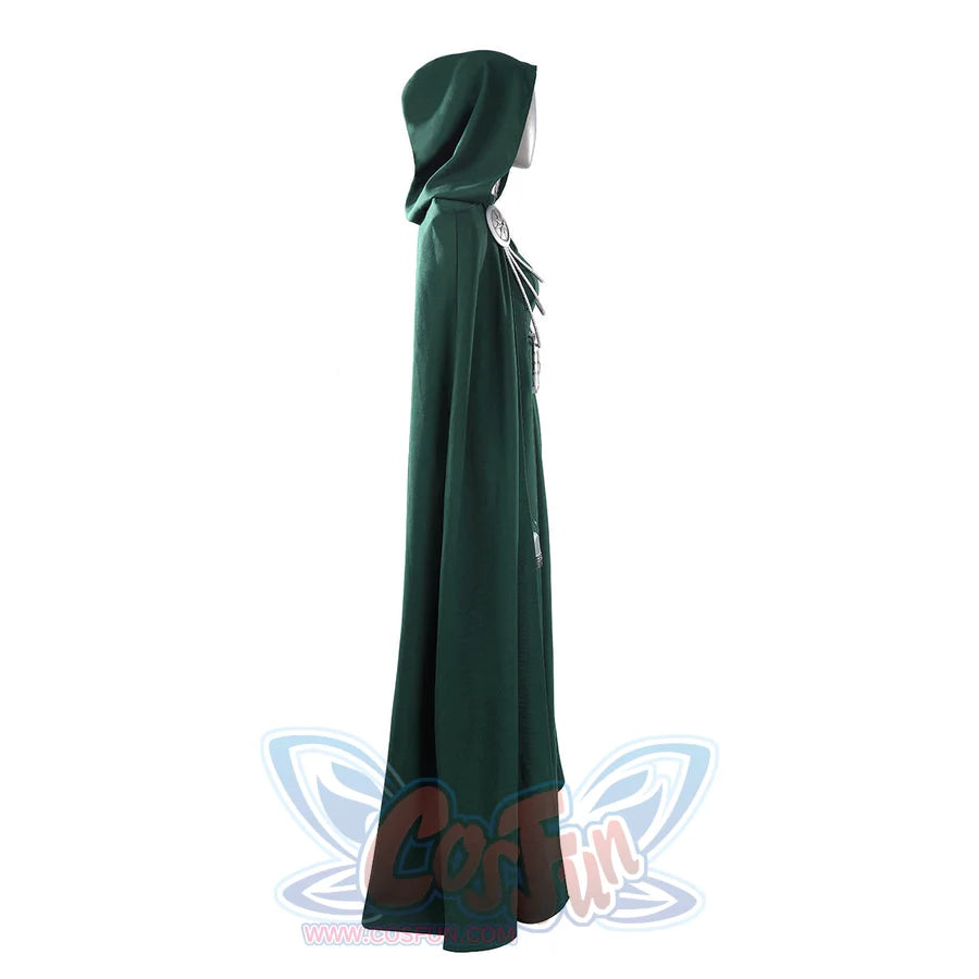 Latverian Witch cosplay costume centers green hooded cloak with collar and silver-tone necklace accessory.