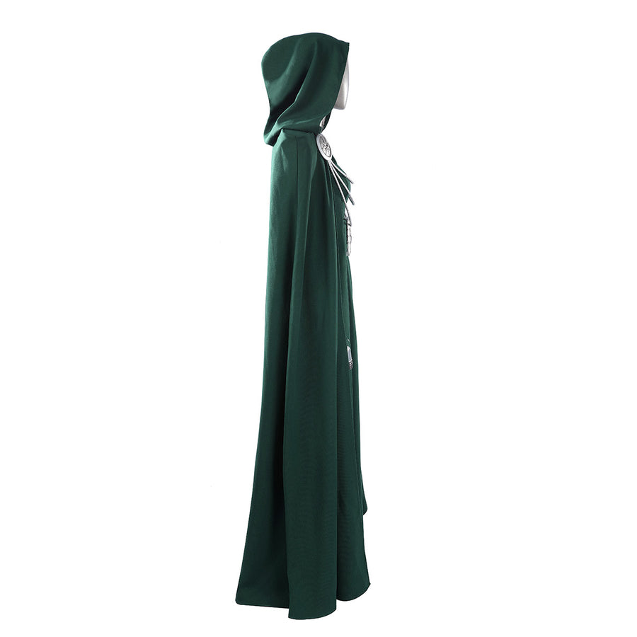 Latverian Witch cosplay costume centers green hooded cloak with collar and silver-tone necklace accessory.