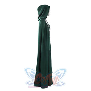 Latverian Witch cosplay costume centers green hooded cloak with collar and silver-tone necklace accessory.