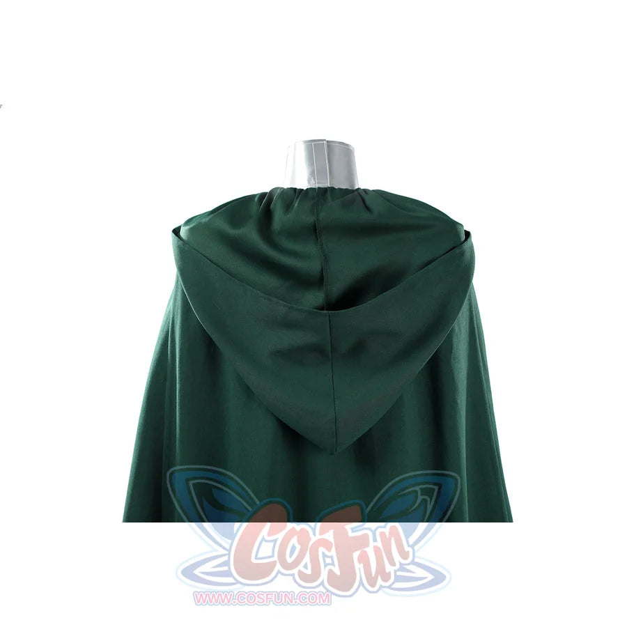 Latverian Witch cosplay costume drapes a deep green brushed twill fabric hood over the shoulders in a flowing design.