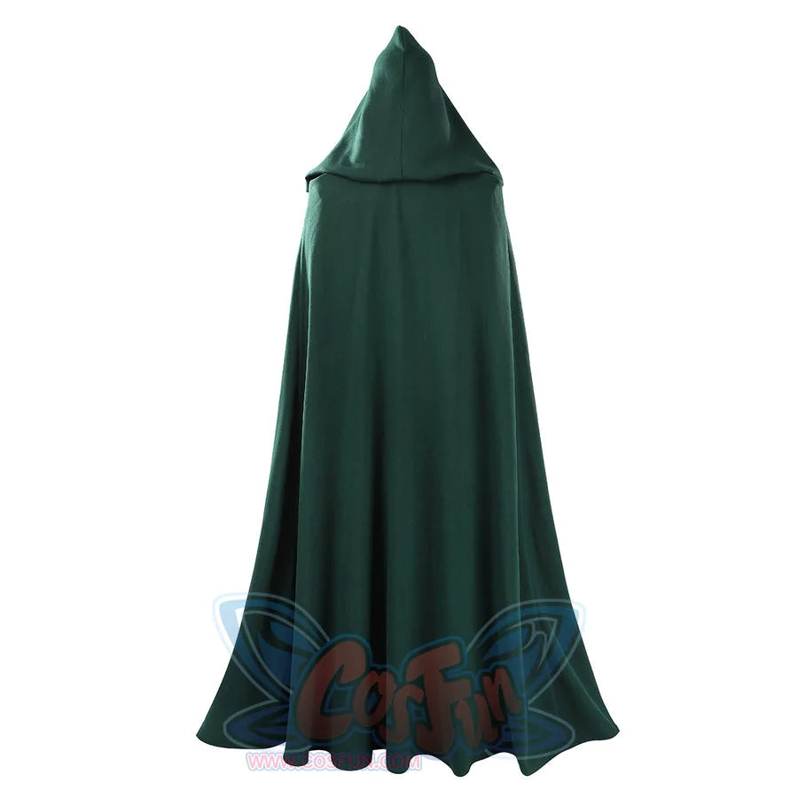 Latverian Witch cosplay costume drapes a long dark green hooded cloak that falls toward the in soft folded layers.