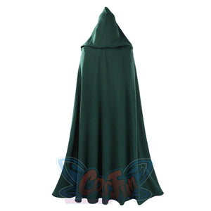 Latverian Witch cosplay costume drapes a long dark green hooded cloak that falls toward the in soft folded layers.