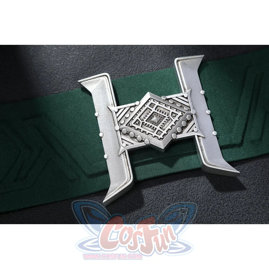 Latverian Witch cosplay costume centers an intricate silver-tone h-shaped buckle over a textured green waist cincher piece.