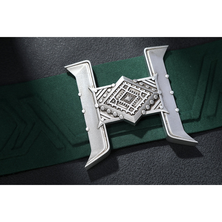 Latverian Witch cosplay costume centers an intricate silver-tone h-shaped buckle over a textured green waist cincher piece.