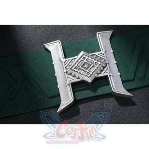 Latverian Witch cosplay costume centers an intricate silver-tone h-shaped buckle over a textured green waist cincher piece.