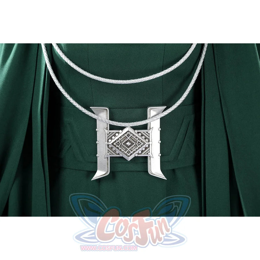 Latverian Witch cosplay costume centers the silver-tone necklace accessory over the deep green brushed twill dress fabric.