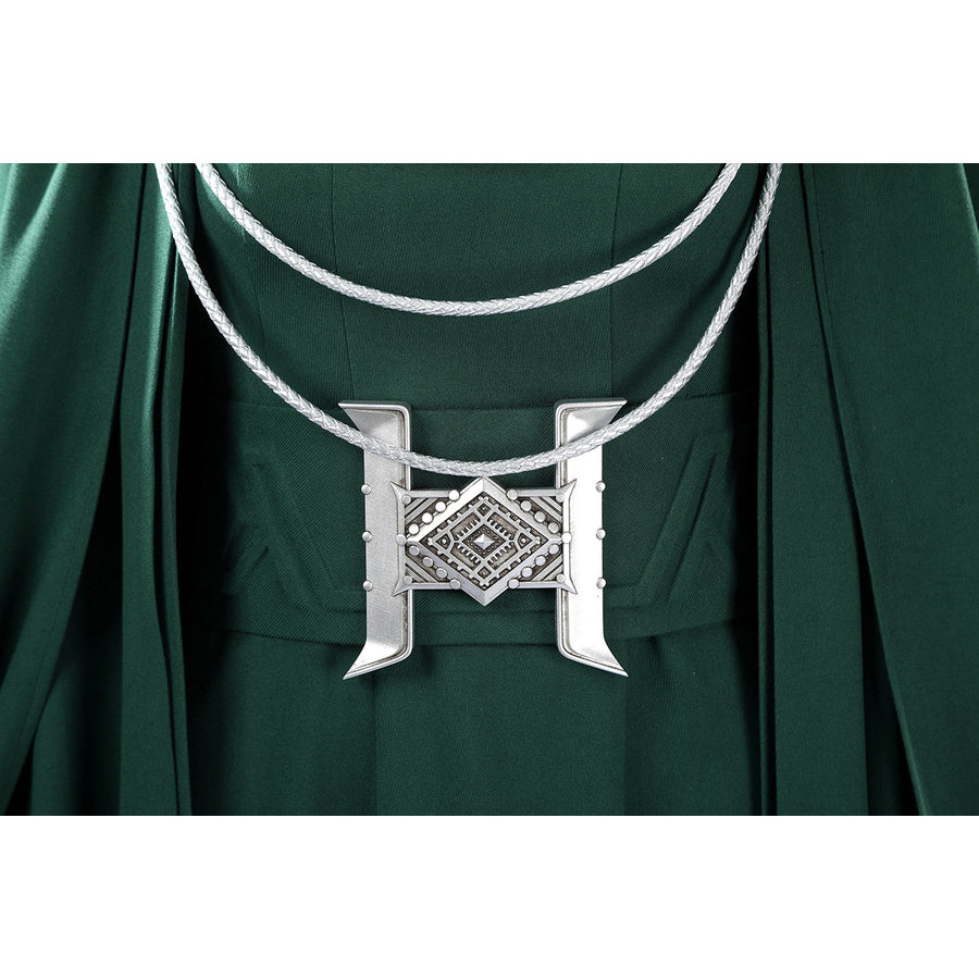 Latverian Witch cosplay costume centers the silver-tone necklace accessory over the deep green brushed twill dress fabric.