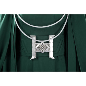 Latverian Witch cosplay costume centers the silver-tone necklace accessory over the deep green brushed twill dress fabric.
